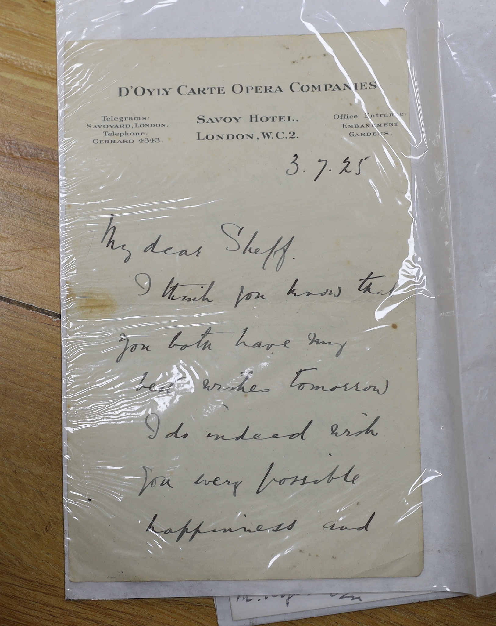 D’Oyly Carte and Gilbert & Sullivan interest; an archive of related paperwork, autographs, photographs, etc. including; a letter from Rupert D’Oyly Carte dated 3.7.25, a letter from Helen D’Oyly Carte dated 30 April 1909